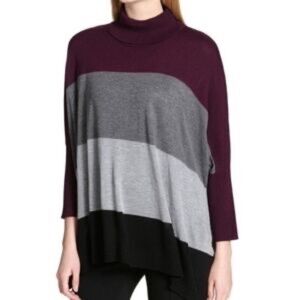 Calvin Klein Colorblock Turtleneck Poncho Sweater L/XL Burgundy Gray Black Asymm
